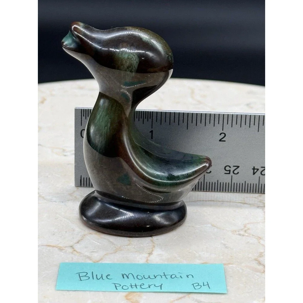 Vintage Blue Mountain Pottery Duck Figurine Green Black Glaze Canada MCM 3”